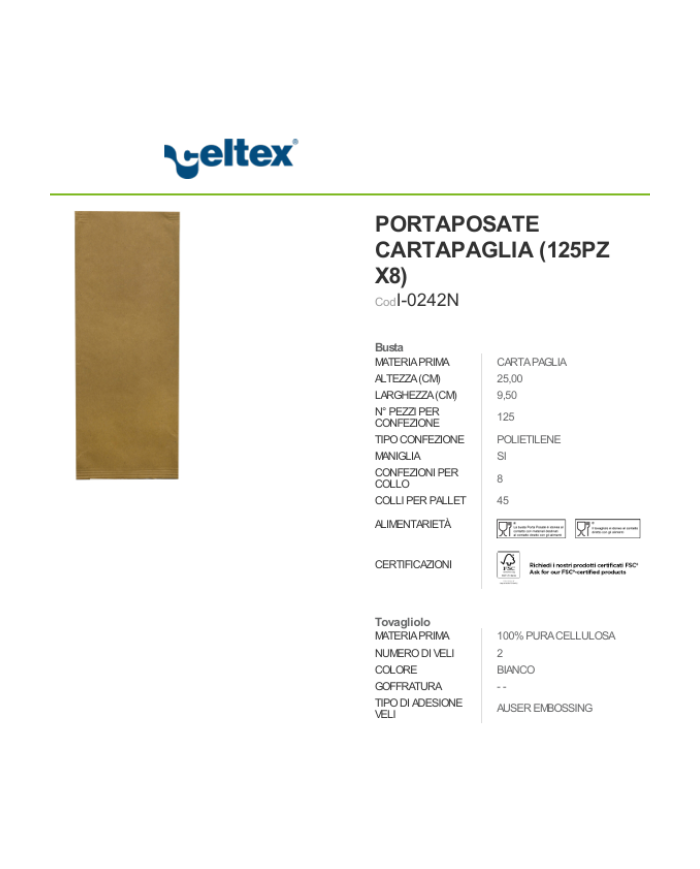 BUSTINE PORTA POSATE CARTA PAGLIA PZ 125
