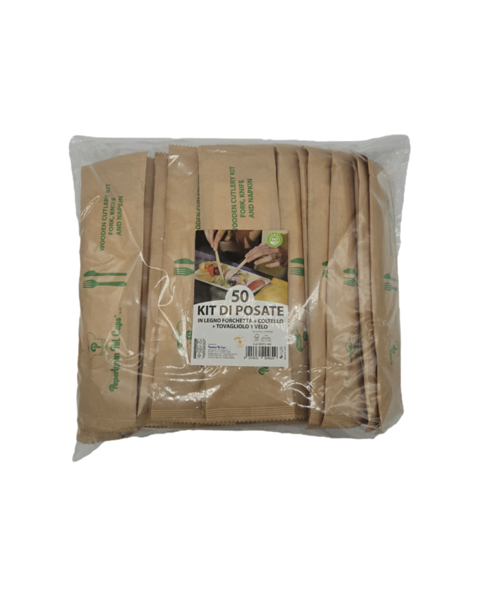50 KIT LEGNO FORCHETTA+COLTELLO+TOVAGLIOLO